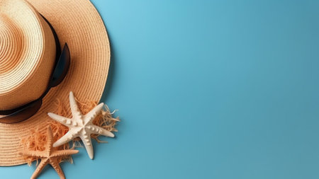 Generative AI : Concept summer beach holiday Beach accessories straw hat sunglasses with blue sky reflection starfish on sandy tropical beach against turquoise ocean on bright sunnの素材
