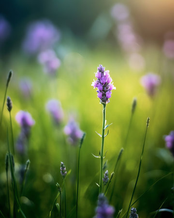 Generative AI : Fluffy purple wild meadow wild flowers in summer summer field on a nature closeup on background of a beautiful blue bokehの素材