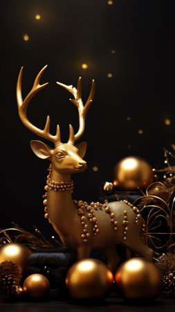 Generative AI : Festive Christmas composition on black textured background White fairy snowcovered tree decorated with Golden balls and white toy deer with red ribbon fluttering scの素材