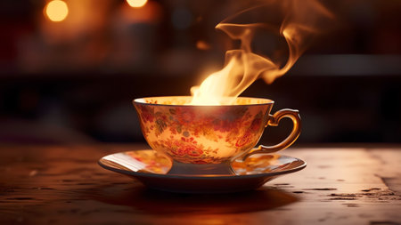 Generative AI : Transparent cup of fragrant hot tea on the background of the burning flame of the fireplaceの素材