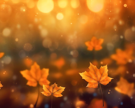 Generative AI : Natural autumn background with golden yellow and orange maple leaves glowing in the sun Drops of dew sparkle in the grass a beautiful bokeh of a gentle green colorの素材