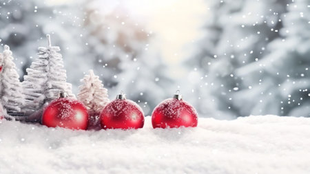 Generative AI : Festive background Christmas decoration with red and white Christmas balls snowflakes in snow and snow covered fir branches copy spaceの素材