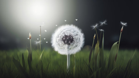 Generative AI : Fluffy white dandelion and ladybug in morning sunlight in grass in spring summer outdoors in nature Dandelion parachute seeds fly in windの素材
