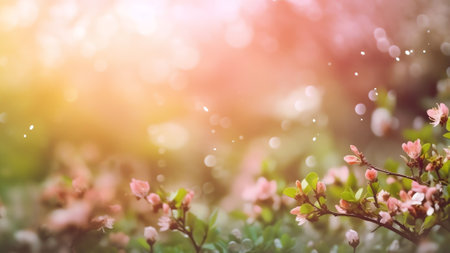 Generative AI : Fresh natural green spring background with border of blossoming sakura branches and fluttering butterflies Pink cherry flowers on blurred background with beautifulの素材