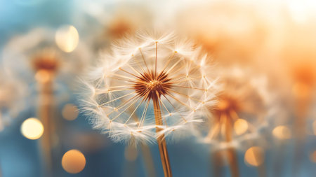 Generative AI : Easy air glowing dandelions in the grass in the summer sun at dawn morning outdoors closeup macro on a blue and gold background Romantic dreamy artistic image Desktの素材