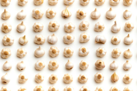 Generative AI : Set with heads halves and slices of garlic Creative layout on white background closeup macro top viewの素材