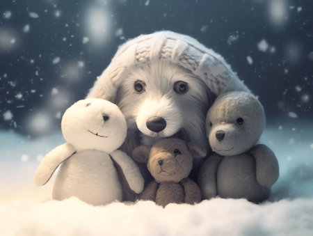 Generative AI : Toy white puppies playing in snowballs near a Christmas tree on a background of Christmas lights and snowfall closeup macro Atmospheric festive artistic image Merryの素材