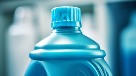 Generative AI : Concept Bottle with detergent on blue background closeup macro Drop of liquid detergent for dishes fall on the spongeの素材