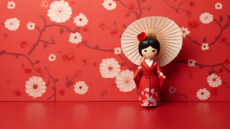 Generative AI : Set of objects on a table for a girl Red flowers Japanese doll heart paper clips black boots keychain Template background banner for design desktop wallpaperの素材