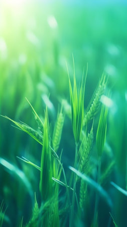 Generative AI : Young ears spikelets of rye in the spring outdoors on a bluegreen background toned closeup macro Blurred butterfly in the background Bright colorful artistic imageの素材
