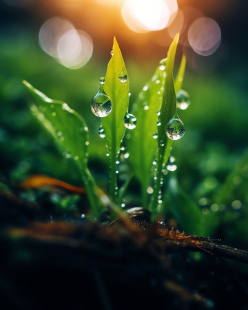 Generative AI : Two beautiful drops of water rain or dew on green leaf sparkle in sunlight of morning macro outdoor beautiful soft bokeh blurred backgroundAmazing artistic image ofの素材