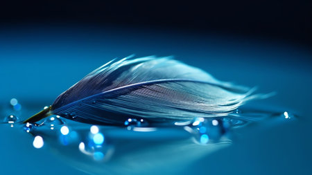 Generative AI : Transparent turquoise drop of pure water on feather blurred blue background macro Elegant expressive artistic image fragility of nature Copy space Concept of sensitの素材