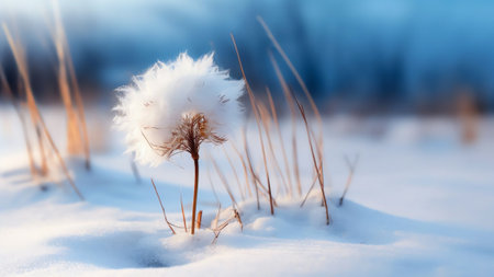 Generative AI : Winter nature landscape Thistle plant under snow caps against the blue sky with clouds in sunny weatherの素材