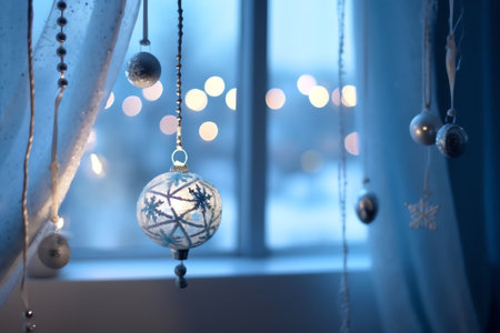 Generative AI : White Christmas tree decorated with silver Christmas balls and beautiful blue bird good luck on sparkling background blue evening sky with falling snow flakes withの素材