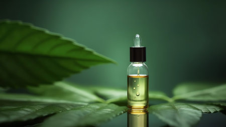 Generative AI : A drop of eucalyptus oil closeup macro drips from a pipette into a glass bottle on a green and yellow background with beautiful juicy leaves of eucalyptusの素材