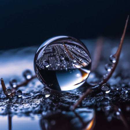 Generative AI : A seed of a dandelion flower on a mirror surface with reflection on a dark background Dandelion in drops of rain water closeup macroの素材