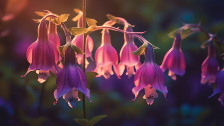 Generative AI : Beautiful bell flowers in nature in evening sunset closeup macro in in dark green and purple pink tones Gentle calm delightful artistic image of natureの素材