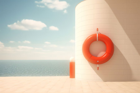 Generative AI : A beautiful white wooden fence and a marine lifebuoy on a background of blue sea of sky and coast Template for sea travel and vacations place for textの素材