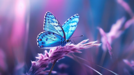 Generative AI : Beautiful blue butterfly on blade of grass in nature with a soft focus on blurred purple background beautiful bokeh Magic dreamy artistic image for wallpaper templaの素材