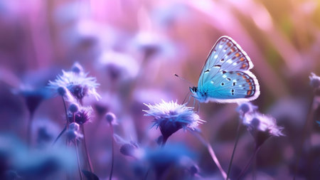 Generative AI : Beautiful blue butterfly on blade of grass in nature with a soft focus on blurred purple background beautiful bokeh Magic dreamy artistic image for wallpaper templaの素材