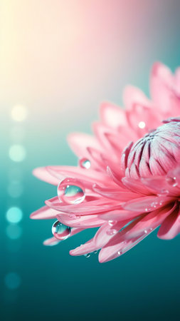 Generative AI : Beautiful drop of water morning dew on petal of pink chrysanthemum flower with summer spring reflection closeup macro in nature rays of sunlight against turquoise sの素材
