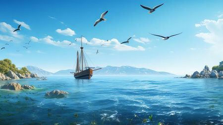 Generative AI : Beautiful panoramic view of sea and beach Cirali Kemer Antalya Turkey Ship against backdrop of mountains and blue sky with clouds on sunny dayの素材