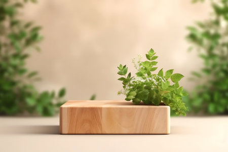 Generative AI : Beautiful bright natural template for product presentation in the form of wooden pedestal or podium framed with fresh green foliage and flowers on light backgroundの素材
