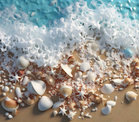 Generative AI : Background image of the beauty of the sea element is a mass of sea waves rolling ashore with caps of white foamの素材