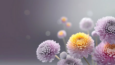 Generative AI : Beautiful flowers macro abstract art background with a soft focus Yellow flowers chrysanthemum in nature on lilac backgroundの素材