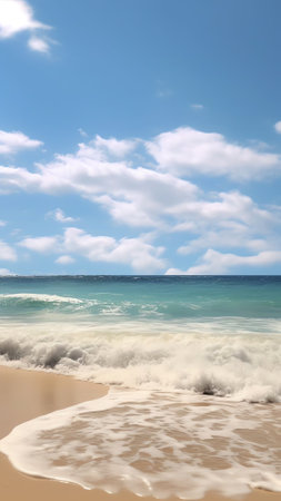 Generative AI : Beautiful background widescreen image of the surf with small caps of white foam yellowish beach sand and blue sky with cloudsの素材