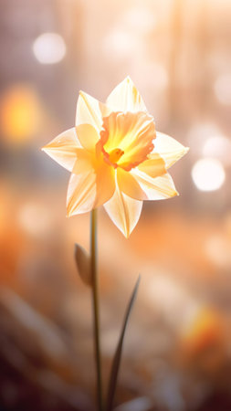 Generative AI : Beautiful big white narcissus flower in grass sun shines morning spring summer outdoors Circular bokeh morning dew sparkles in the sun Blurry soft backgroundの素材