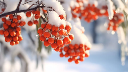 Generative AI : Beautiful bunch of red berries of mountain ash under a snow cap on a blue sky background with falling snowflakes Winter christmas background template for textの素材