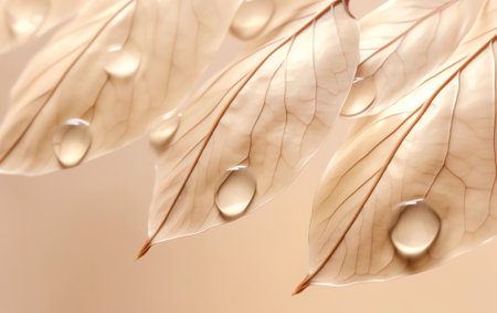 Generative AI : Beautiful golden transparent skeleton leaves with texture on shiny abstract background blurred with round bokeh water drops closeup macro Bright expressive elegantの素材