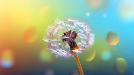 Generative AI : Beautiful light air parachute dandelion flower in droplets of water on a yellow blue background closeup macro Gentle abstract artistic imageの素材