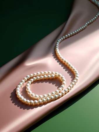 Generative AI : Beautiful white rose with green leaf on a pearl pink necklace on white background macro Gentle artistic image for congratulationsの素材