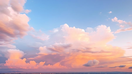 Generative AI : Beautiful picturesque spectacular colorful dramatic sky at sunset or dawn with dark blue clouds and pink lighting Panoramaの素材