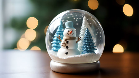 Generative AI : Big snow globe with autumn leaves in the winter outdoors in an open area closeup Beautiful blurred blue background the first snow sculpt snowmenの素材