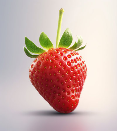 Generative AI : Beautiful large juicy delicious ripe strawberry berry closeup of a macro Strawberries with yogurt on a background of camomiles on a light gentle backgroundの素材