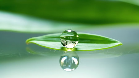 Generative AI : Beautiful macro image of a drop of water or dew on tip of green leaf as symbol of purity and fragility of nature Reflection of sunlight in drop of clean waterの素材