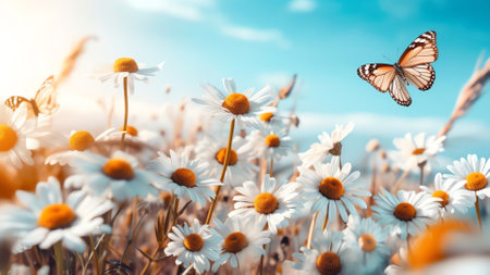 Generative AI : Beautiful wild flowers daisies and butterfly in morning cool haze in nature spring closeup macro Delightful airy artistic image beauty summer natureの素材