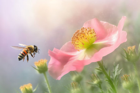 Generative AI : Beautiful pink anemone flower macro on a summer meadow and a flying bumblebee on a blue sky background with clouds on nature Idyllic artistic image of a hot summerの素材