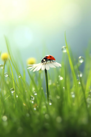 Generative AI : Beautiful large clean droplets of morning dew and ladybug in summer spring in green grass on nature outdoors macro Drops of water on grass natural wallpaper copy spの素材