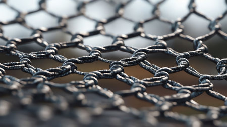 Generative AI : Details metal mesh in the snow fence covered by snow and hoarfrost Beautiful white fence net snow outdoors in winter closeupの素材