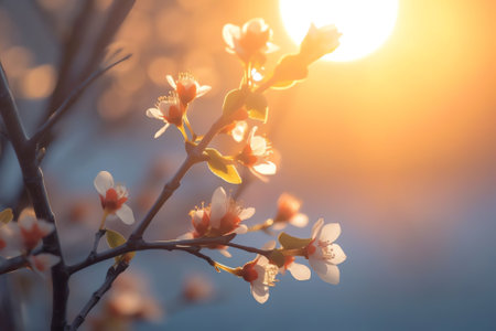 Generative AI : Branch cherry flowering in spring outdoors with soft focus gold blurred beautiful bokeh closeup macro Spring template floral background wallpaper Gentle romantic deの素材