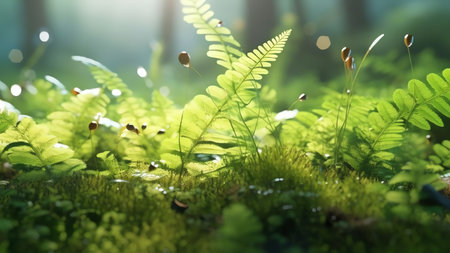Generative AI : Beautiful natural background border with fresh juicy light green foliage of fern in sunlight in spring summer and defocused bokeh outdoors in nature panorama copy sの素材