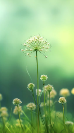 Generative AI : Delicate fluffy poppy buds in a field on nature in sunlight on a light green background macro Spring summer background Border template for design An airy gentle artの素材