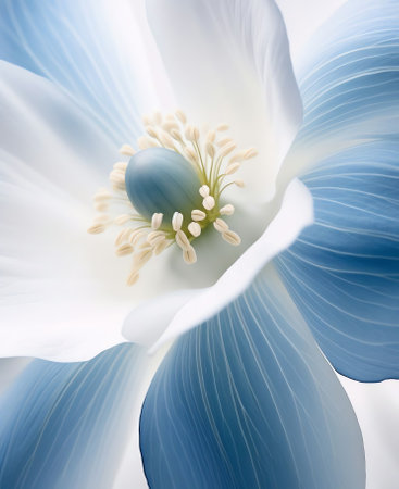 Generative AI : Beautiful white spring flower snowdrop anemone macro closeup on blue blurred background with a soft focus Spring floral background wallpaper greeting card Gentle roの素材