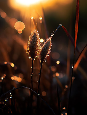 Generative AI : Bright golden and red leaves autumn in the grass in the sun closeup Dew drops sparkle in the sun morning grass in the fall Beautiful autumn background with round boの素材