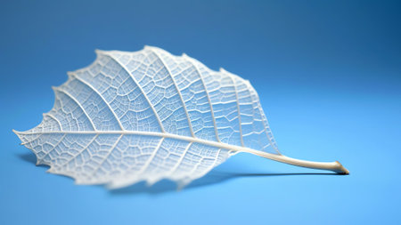 Generative AI : Beautiful white skeletonized leaf on light blue background with round bokeh Expressive artistic image of beauty and purity of natureの素材