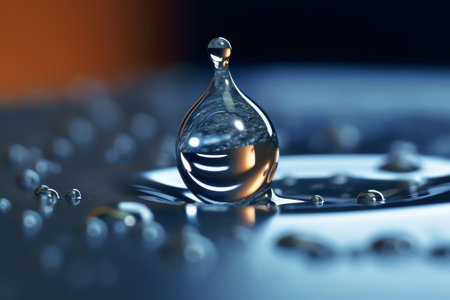 Generative AI : Beautiful transparent drop of water on smooth surface in dark blue colors macro Selective soft focusの素材